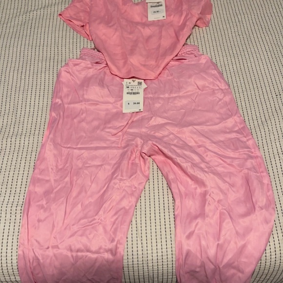 Zara Pink Cropped Lace Up top with Satin Flowy Pant Set - Picture 4 of 5